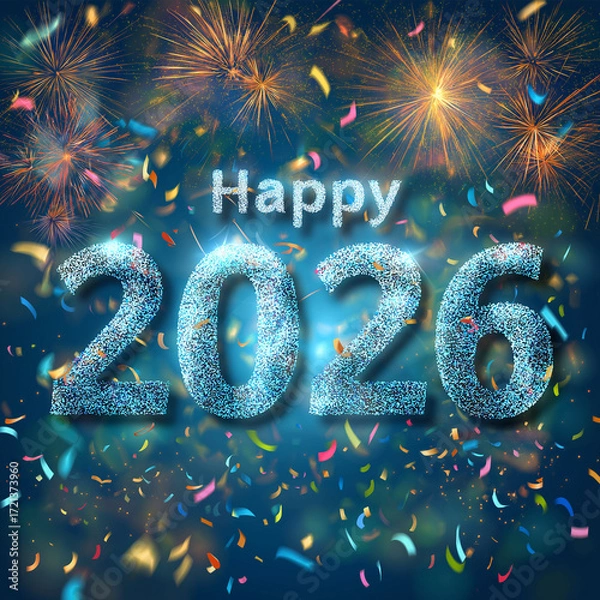 Fototapeta Shimmering Digital "2026" Display with Confetti and Fireworks for Joyful New Year Celebration in 2026