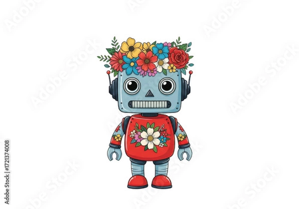Fototapeta Cute robot wearing flowers isolated on transparent background isolated on transparent background