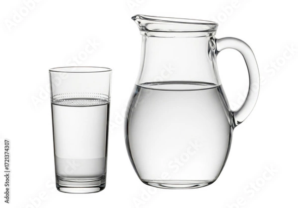 Fototapeta Clear glass pitcher and filled glass isolated on transparent background isolated on transparent background