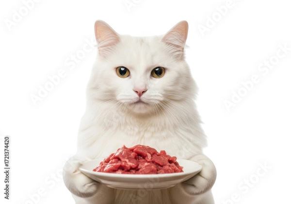 Fototapeta White cat holding a bowl of food isolated on transparent background isolated on transparent background