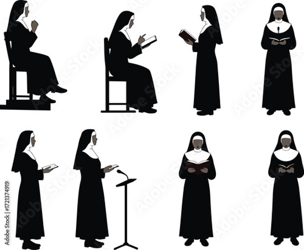 Fototapeta A collection of silhouettes of a nun in religious habits, praying, holding a cross, and speaking at a lectern on a white background.