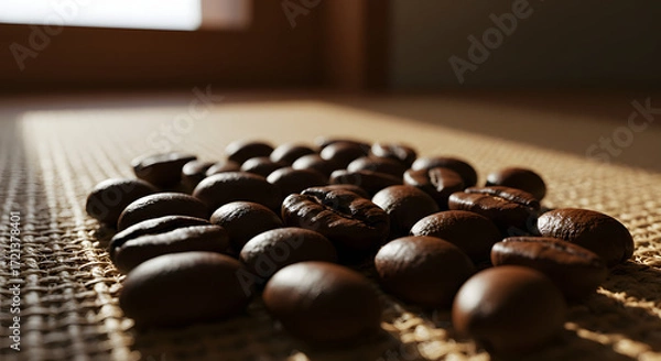 Fototapeta Close-up of roasted coffee beans on a textured surface.