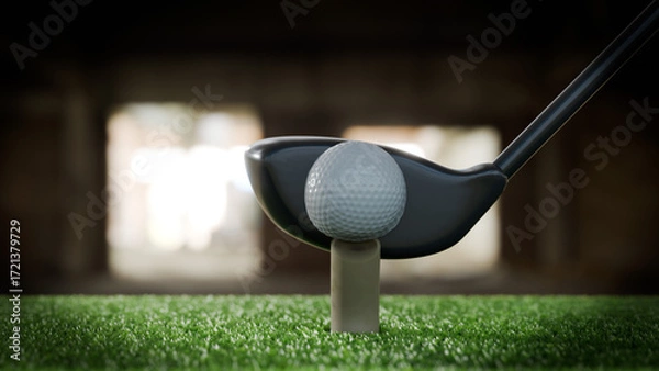 Obraz ゴルフ練習場でボールをウッドドライバーで打った瞬間のボールが凹むイメージ
