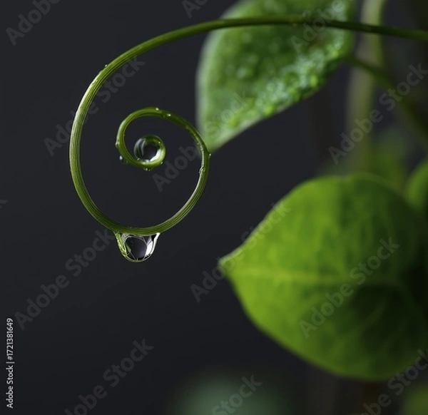 Obraz Nature Close-Up: Water Droplet on Spiral Vine with Black Background, Serene Minimalist Plant Photography

