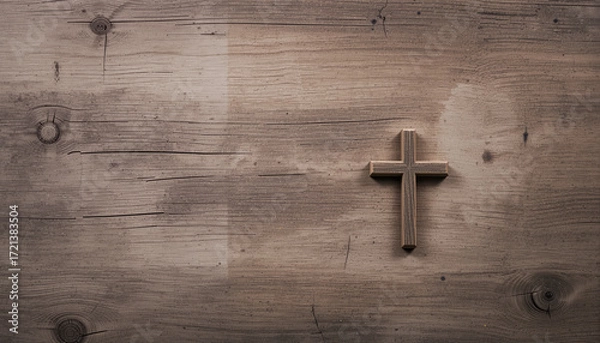 Fototapeta A crucifix on an old wooden background with copy space. 