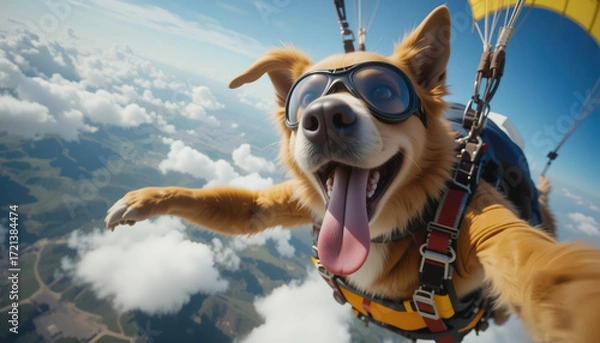 Fototapeta A dog skydiving with tongue flapping in the wind, safety harness and goggles. 