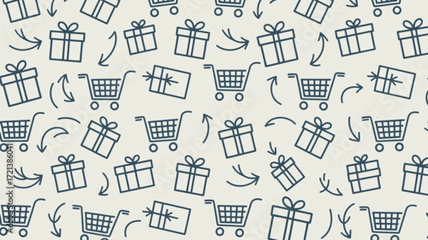 Obraz A seamless pattern of shopping carts, gift boxes and arrows on a light background for retail themes