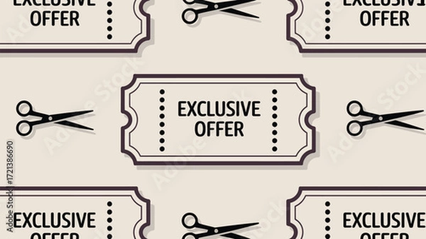 Fototapeta Pattern of exclusive offer tickets with scissors on a beige background promotional sale graphic design