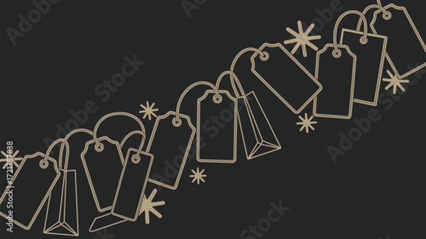 Fototapeta Decorative black background with tan tags and shopping bags and starbursts in a diagonal line