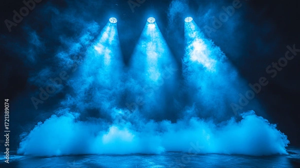 Obraz Blue stage lights illuminating smoky stage