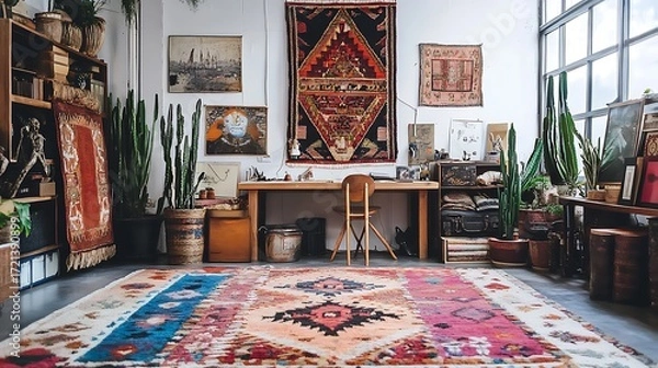 Fototapeta Modern Bohemian workspace with colorful rugs, eclectic decor, and earthy tones 