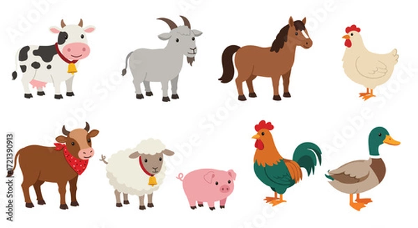Fototapeta Collection of Diverse Farm Animals in a Stylized Cartoon Illustration.