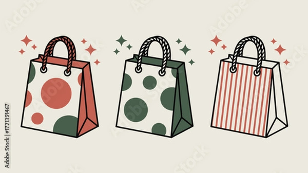 Obraz Three shopping bags with different patterns and colors arranged side by side on a light background