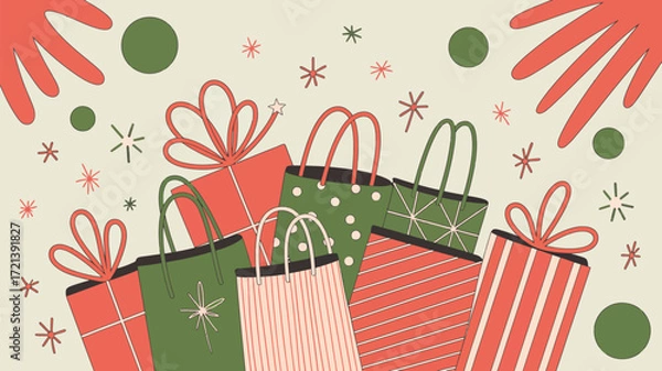 Obraz Festive illustration of shopping bags and wrapped gifts with bows in a holiday color palette