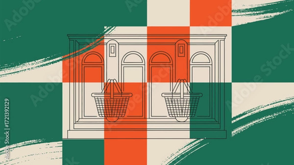 Obraz Illustration of a building facade with baskets in front on a checkered background with brushstrokes