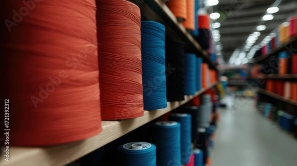 Fototapeta A store shelf with spools of thread in red, blue, and black.