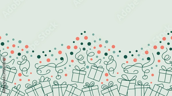 Obraz A festive background with gift boxes confetti and streamers in a hand drawn style on a light green backgound