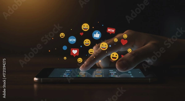 Fototapeta Social media engagement hand tapping smartphone screen with reaction icons like love wow and smile for marketing and