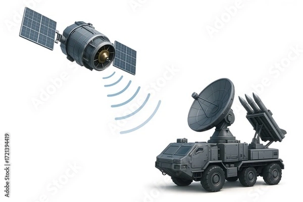 Fototapeta 3D Render of Satellite Transmitting Radar Signals to Air Defense System Isolated on White