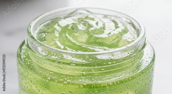 Fototapeta Refreshing green beverage in a glass jar with bubbles  