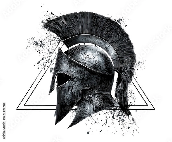 Fototapeta Ancient greek spartan warrior helmet with crest and triangle emblem isolated on transparent background
