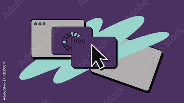 Obraz Illustration of multiple windows with a cursor on a purple background with teal accents