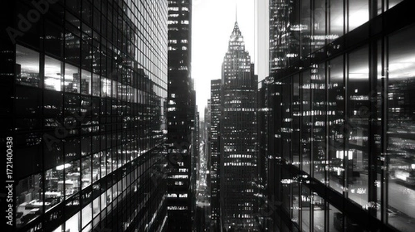 Fototapeta Black and white photo of city skyscrapers at night, viewed from between buildings.