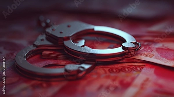 Fototapeta Close up of shiny silver handcuffs placed on a large pile of red money banknotes, symbolizing crime, corruption, financial fraud, illegal wealth, and justice concept in law enforcement background