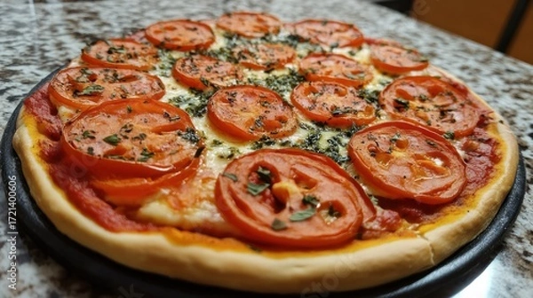 Fototapeta Delicious homemade pizza with fresh tomatoes, mozzarella cheese, and herbs.