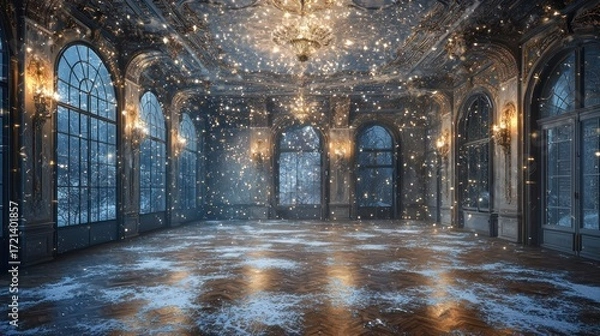 Fototapeta Grand Ballroom with Sparkling Lights and Arched Windows.