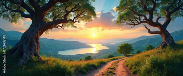 Fototapeta Stupendous combinations of ancient trees framing a sun-kissed lake at a breathtaking golden hour.