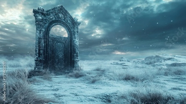 Fototapeta Ancient Ruined Gateway in a Frozen Mystical Landscape.