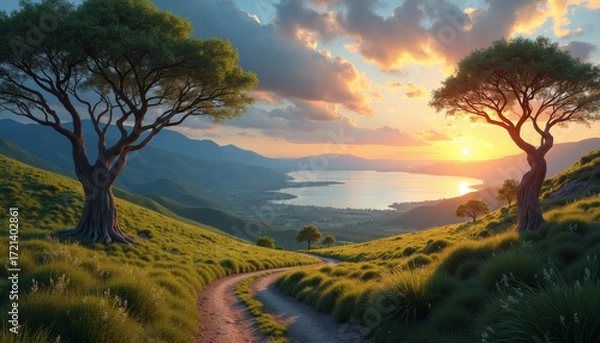 Fototapeta Majestic trees guard a golden vista as the sun dips into tranquil waters.