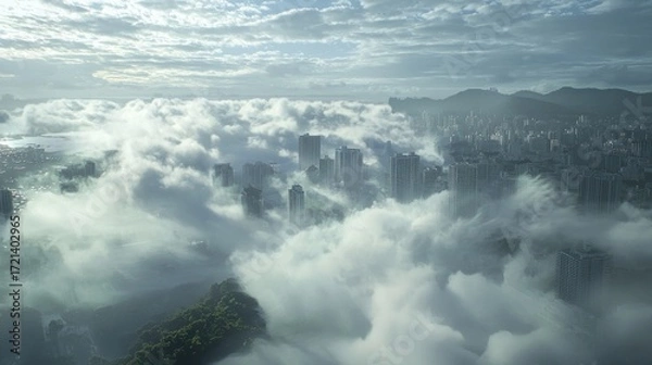 Fototapeta Aerial view of fluffy clouds over mountain peaks, a serene landscape.