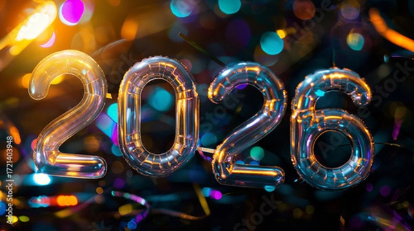 Fototapeta Futuristic New Year Celebration with Reflective Digital Numbers "2026" and Neon Lights, Festive Confetti Atmosphere