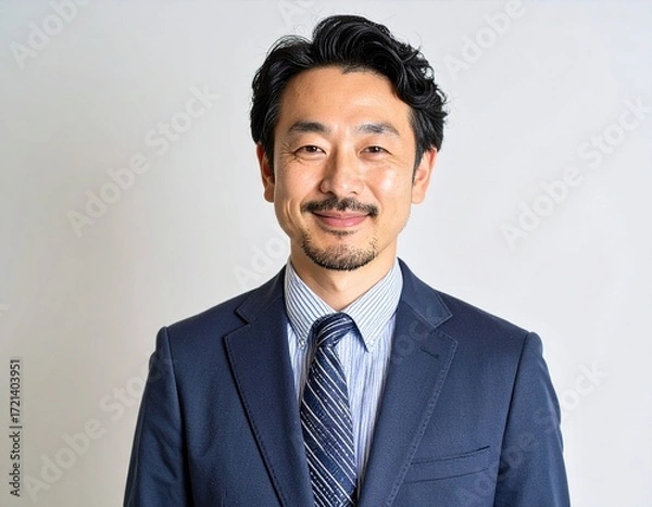 Obraz 濃紺スーツの日本人男性（40代）・自信のある穏やかな笑顔のポートレート