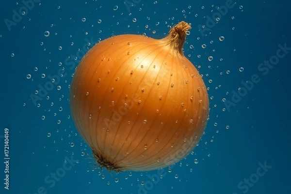 Fototapeta Fresh Onion Submerged in Water with Bubbles Against Blue Background