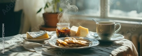 Fototapeta Enjoy rustic breakfast with fresh pastries and coffee.