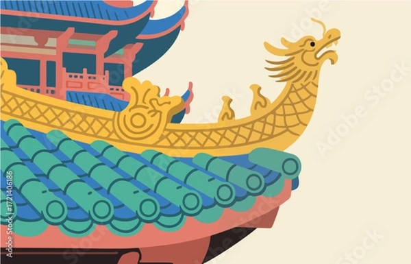 Fototapeta Chinese style architecture and scenery, vector graphics
