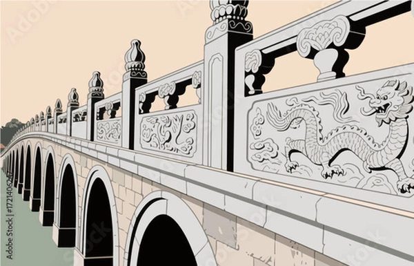 Fototapeta Chinese style architecture and scenery, vector graphics
