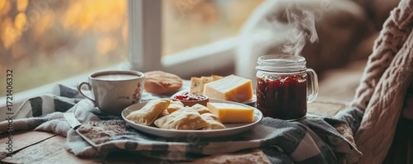 Fototapeta Enjoy rustic breakfast with fresh pastries and coffee.