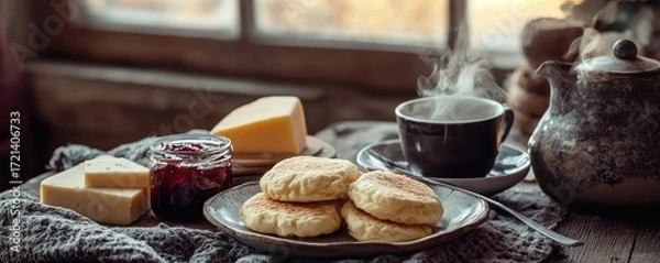 Fototapeta Enjoy rustic breakfast with fresh pastries and coffee.