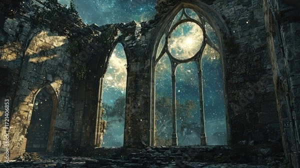 Fototapeta Gothic Cathedral Ruins with Stained Glass Windows and Celestial View.