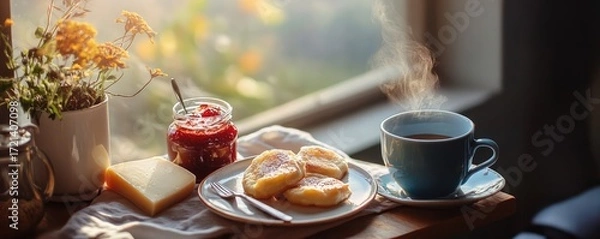 Fototapeta Enjoy rustic breakfast with fresh pastries and coffee.