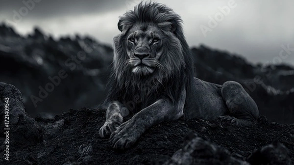 Fototapeta Majestic Lion Resting on Rocky Terrain Under a Cloudy Sky.