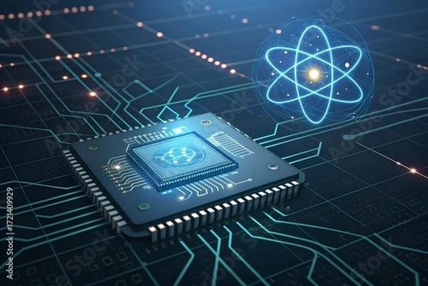 Fototapeta Futuristic ai chip with digital atom icon symbolizing quantum computing technology innovation