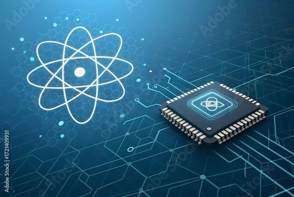 Fototapeta Futuristic ai chip with digital atom icon symbolizing quantum computing technology innovation