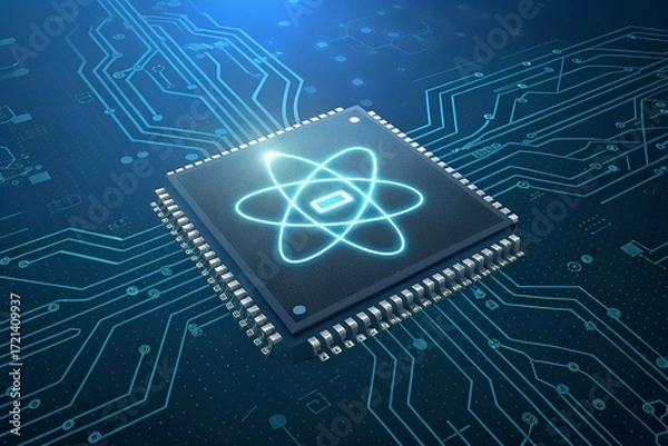 Fototapeta Futuristic ai chip with digital atom icon symbolizing quantum computing technology innovation