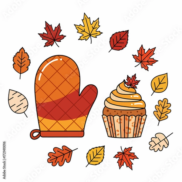Fototapeta Cute Autumn Themed Baking Set with Mitten and Muffin.