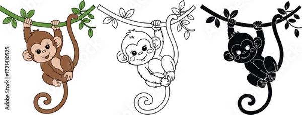 Obraz Monkey hanging from tree branch cartoon illustration vector